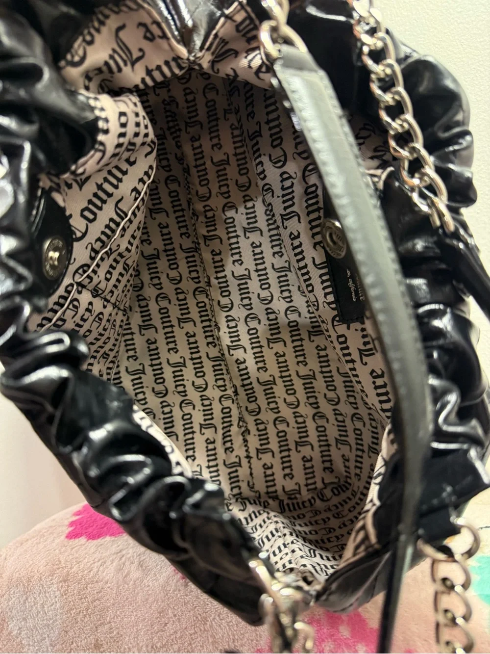 Juicy Couture Soft Spoken Tote bag color licorice black with silver chain NWT